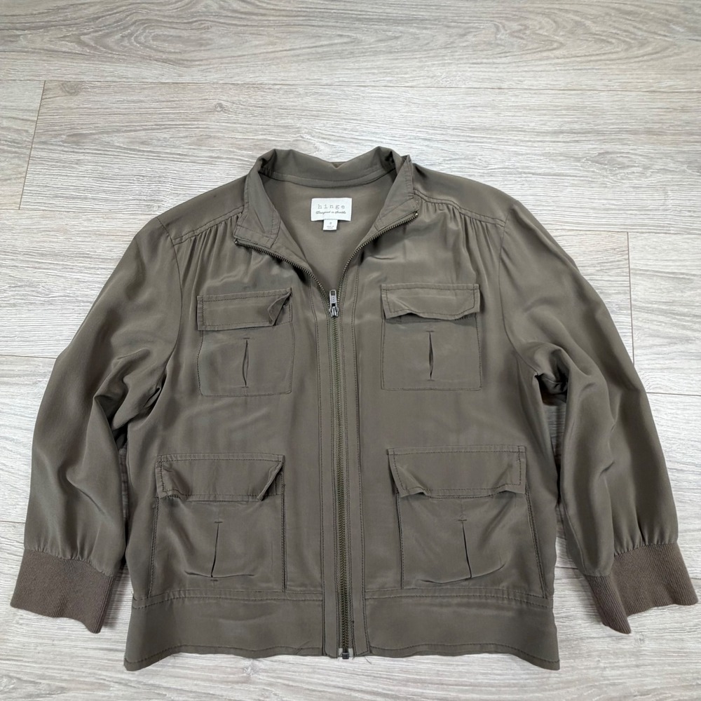Hinge Womens 100% Silk Utility Jacket Olive Army Green Full Zip Cargo Bomber S‎